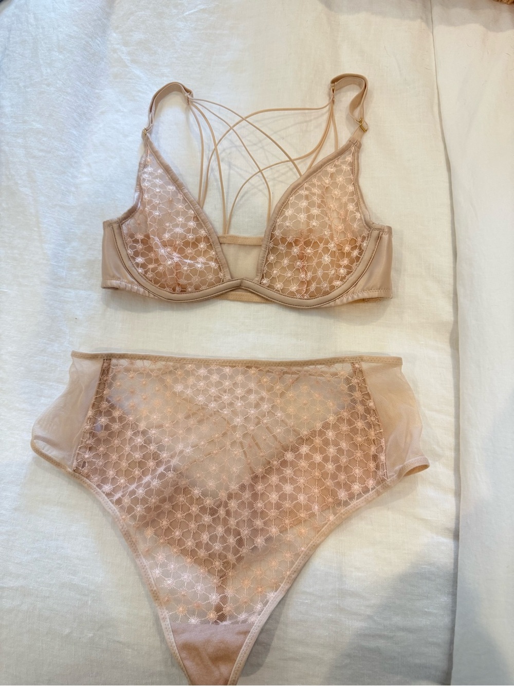 Victoria's Secret Sheer Lace Strappy Bra & High-Waist Brief Set - Beige